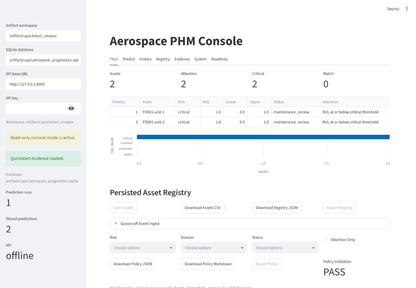 Screenshot of the Aerospace Prognostics live demo
