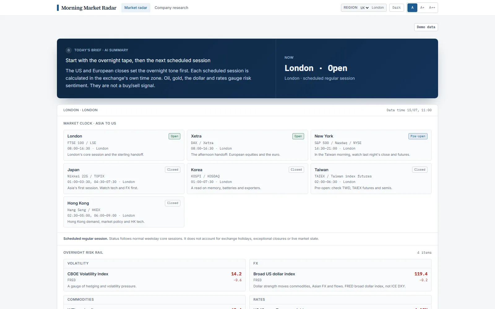 Screenshot of the Cited Market Brief Agent live demo